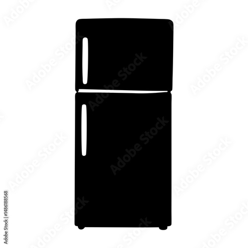 Simple illustration of a black refrigerator with freezer on top in silhouette