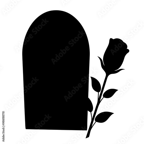 Silhouette illustration of a tombstone with a rose as a symbol of grief