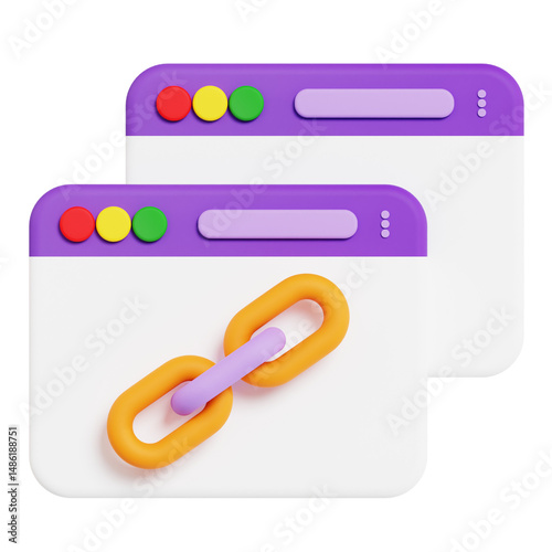 3D illustration of a browser window with a hyperlink chain icon.