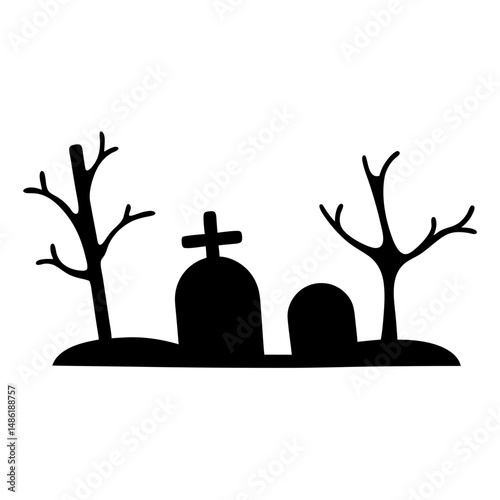 Spooky graveyard scene with tombstones and bare trees in silhouette illustration