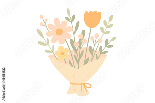 Colorful flower bouquet with pink and orange blooms wrapped in natural paper on a light background