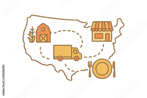 Food delivery journey across the United States connecting farms and restaurants with customers