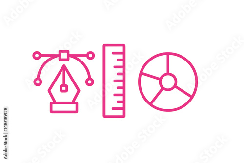 Creative design tools showcased with a pink theme featuring a pen, ruler, and color wheel