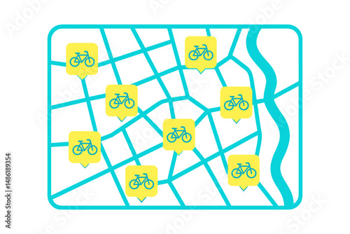Bicycle sharing map showing multiple locations and availability in an urban area for convenient transportation