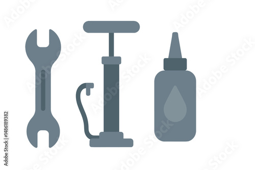 Essential tools for bike maintenance including a wrench, pump, and adhesive in a simple layout