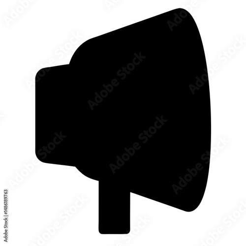 A simple black silhouette of a loudspeaker or megaphone symbol illustration