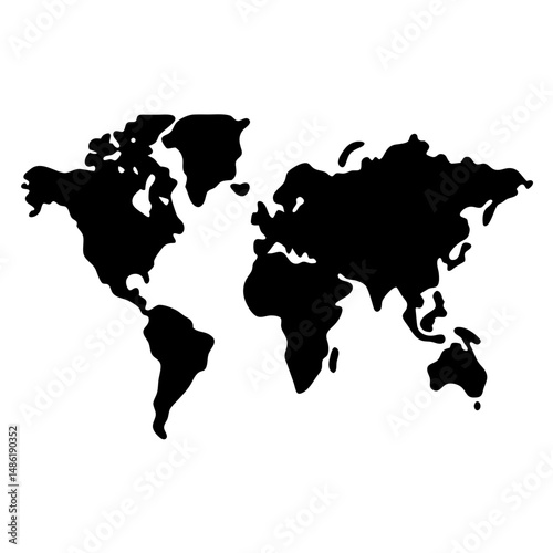 Monochrome Silhouette of the World Map Showing Continents and Landmasses