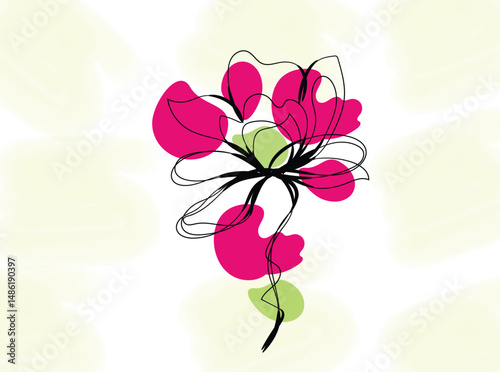 Abstract Pink Flower Line Art Design with Soft Green Background