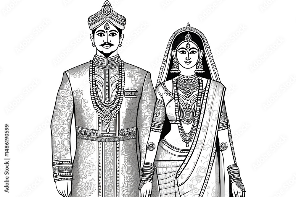 Fototapeta premium Traditional Indian Bride and Groom in Wedding Attire – Line Art Vector Illustration