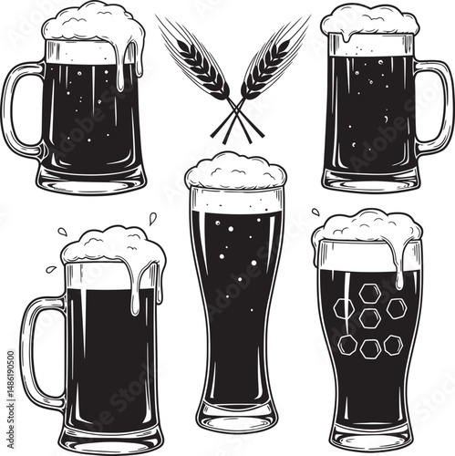  Beer Glass and Mugs Collection Silhouettes White Color Background