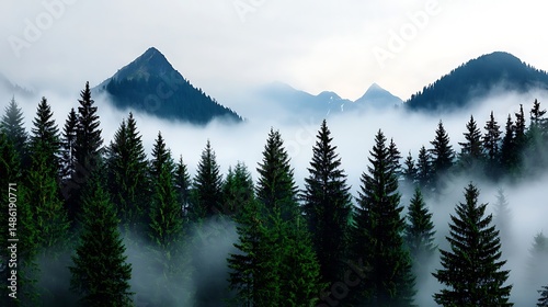 Misty Mountain Forest Landscape with Fog and Coniferous Trees