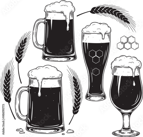  Beer Glass and Mugs Collection Silhouettes White Color Background