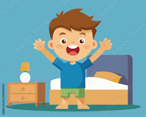 Happy Boy Waking Up in His Bedroom  Cheerful Morning Cartoon Illustration