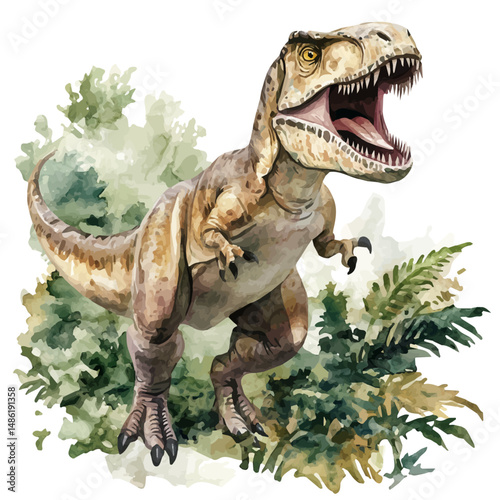 T. Rex Roaring In The Jungle, watercolor illustration vector, high quality, isolated on a white background.