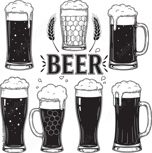  Beer Glass and Mugs Collection Silhouettes White Color Background
