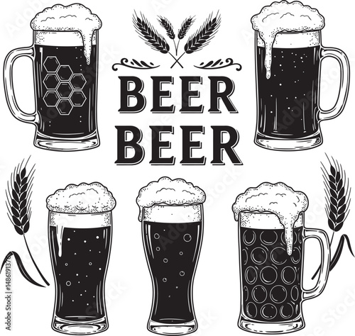  Beer Glass and Mugs Collection Silhouettes White Color Background