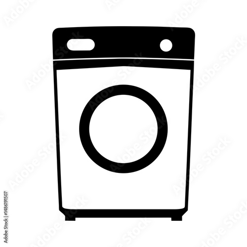 A minimalist illustration of a front loading washing machine in black and white