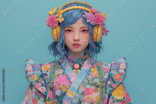 Floral low poly girl with headphones photo