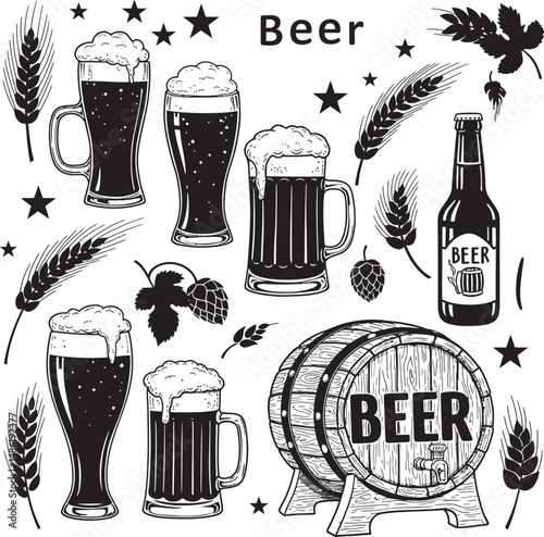 Beer Glass and Mugs Collection Silhouettes White Color Background