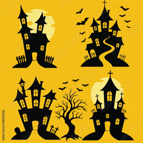 Four black haunted house silhouettes on a yellow background with bats, a moon, a path, a barren tree, and gravestones, evoking a Halloween vibe.