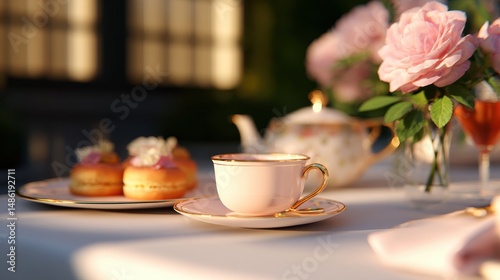 Wallpaper Mural Elegant tea setting with pink cup and pastries on table, surrounded by flowers in soft sunlight Torontodigital.ca