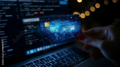 A hand holds a glowing credit card in front of a laptop screen displaying data, symbolizing online transactions