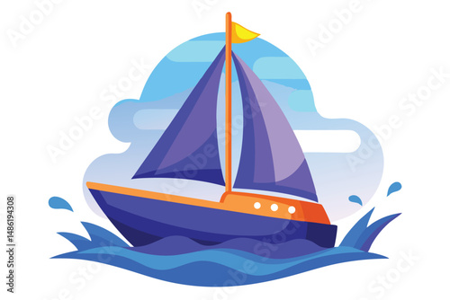 Violet sail boat cruises swiftly through the azure waves on a sunny day