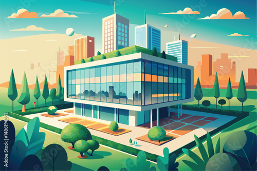 Modern Glass Building with Green Roof in City