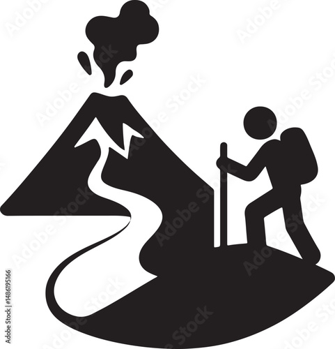Silhouette vector of volcano hiking trail with hiker approaching erupting mountain. Ideal for adventure, nature, and travel illustrations.