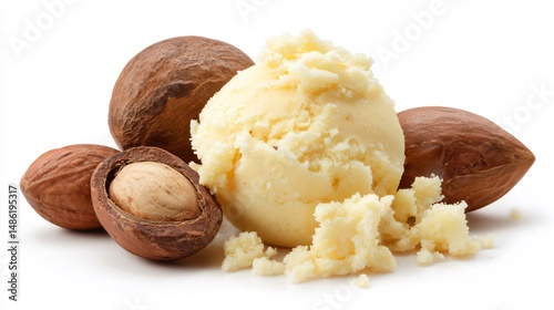 Natural Shea Butter and Shea Nut Isolated on White Background