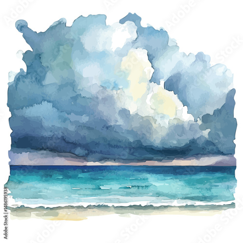 watercolor vector of Summer Thunderstorms Rolling Over The Sea, high quality, isolated on a white background.
