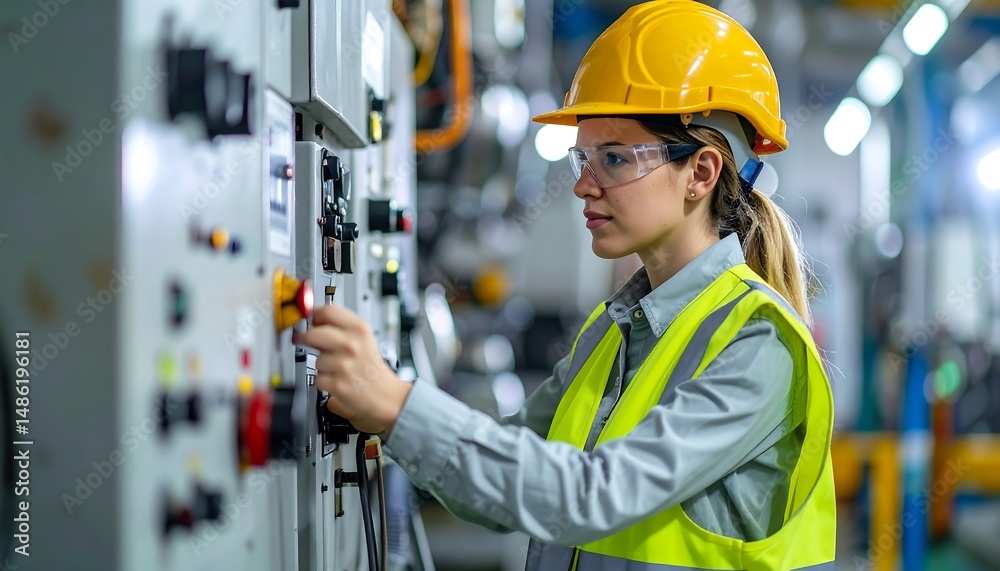 Female Engineer Adjusting Electrical Panel In Modern Factory Setting With Protective Gear Female Engineer Adjusting Electrical Panel In Modern Factory Setting With Protective Gear
