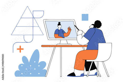 Woman with dark hair points pen to computer screen showing another woman