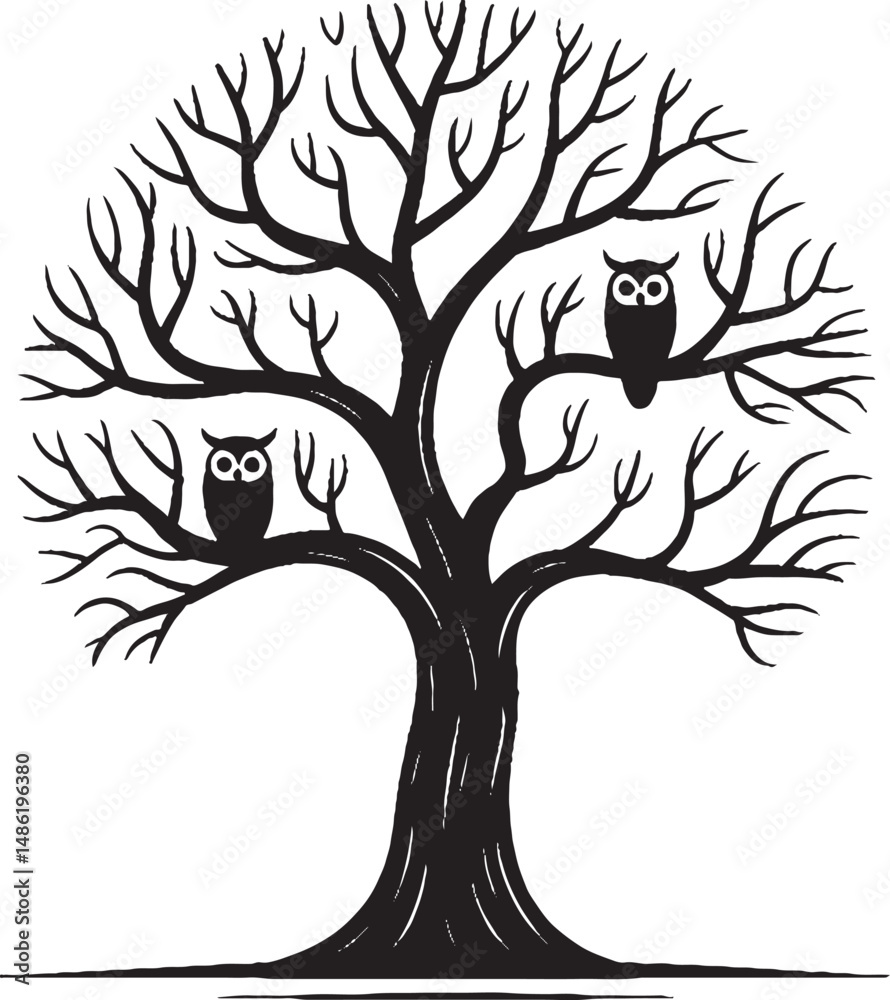 Obraz premium Black and White Line Drawing of a Tree with Owls on Twisting Branches
