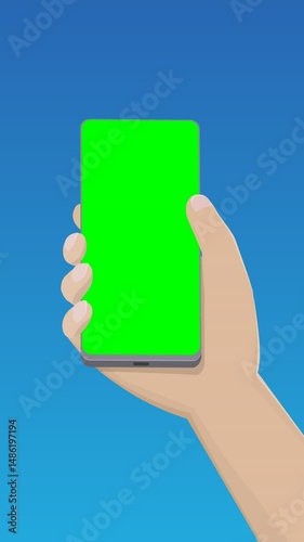 Animation of a hand holding a smartphone with a green screen appearing on a blue sky and then disappearing in a flat style (portrait)