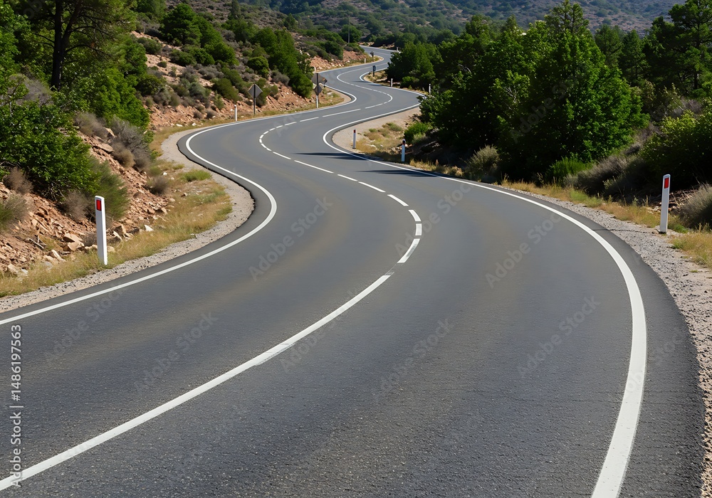 Obraz premium Winding road through a mountainous landscape with lush greenery