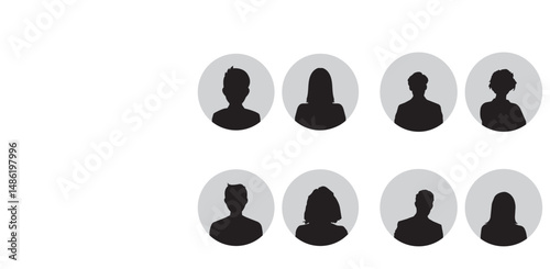 A vector illustration depicting male and female face silhouettes or icons, serving as avatars or profiles for unknown or anonymous individuals. Set of vector avatar profile icon in silhouettes eps 10