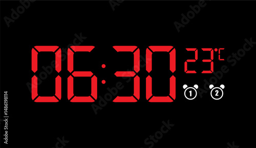 Digital Red Clock Display at 06:30 with Alarm and Temperature on a Black Background, Revealing Time Awareness and Daily Rhythm in a Modern Design Aesthetic