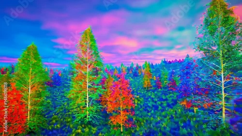Vibrant psychedelic forest landscape with neon colors and surreal dreamlike atmosphere