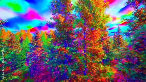 Psychedelic forest panorama: vibrant neon trees and surreal dreamscape progression