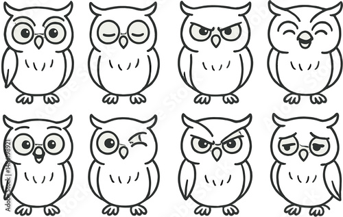 Owl expressions icons set – outline, emotion and mood symbols for design