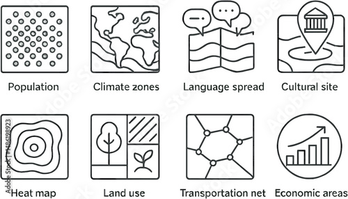 Thematic mapping outline icons set – geography, data visualization, analytics symbols
