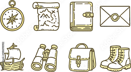 Explorer and adventure silhouette icons set – travel, discovery and navigation symbols