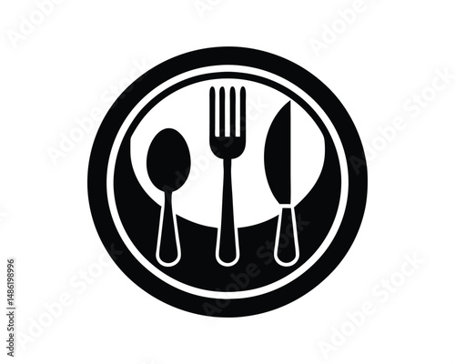 Kitchen plate, spoon, fork and knife vector icon. Symbol of flatware isolated on white background. Utensil for eat. Logo for restaurant, cafe, hotel menu, graphic design.