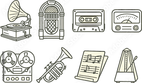 Retro audio silhouette icons set – outline, music and vintage sound symbols