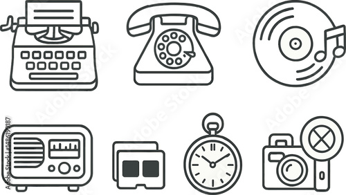 Vintage tech outline icons set – retro, classic, analog gadgets symbols