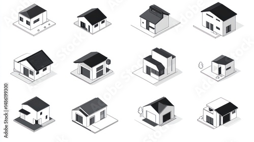 Various isometric house designs. Simple illustrations of different house styles