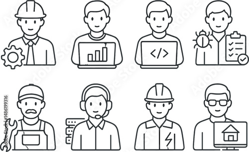Technical career outline icons set – linear, professional job role symbols