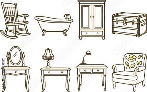 Vintage furniture outline icons set – retro, classic home decor line symbols