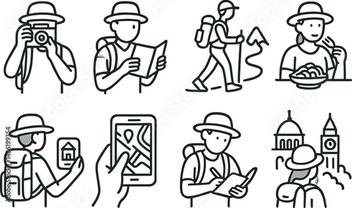 Travel and adventure line icons set – outline, journey and exploration symbols